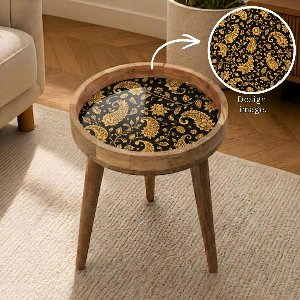 Handmade Mango Wood Side Table | Black Gold Floral Print Accent Table