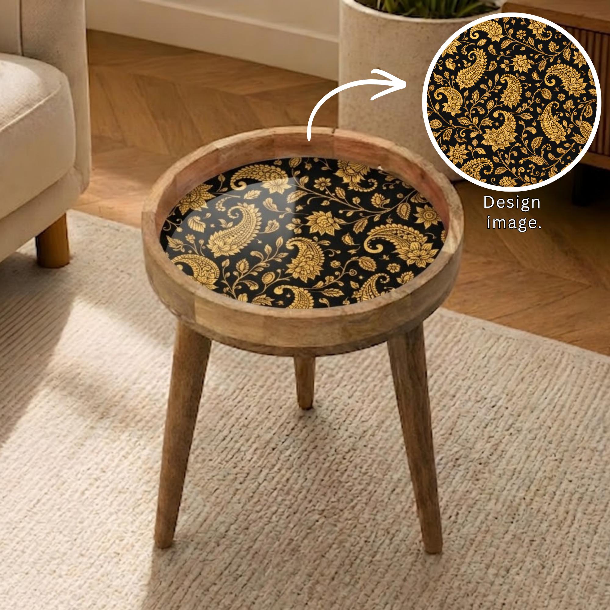 Handmade Mango Wood Side Table | Black Gold Floral Print Accent Table