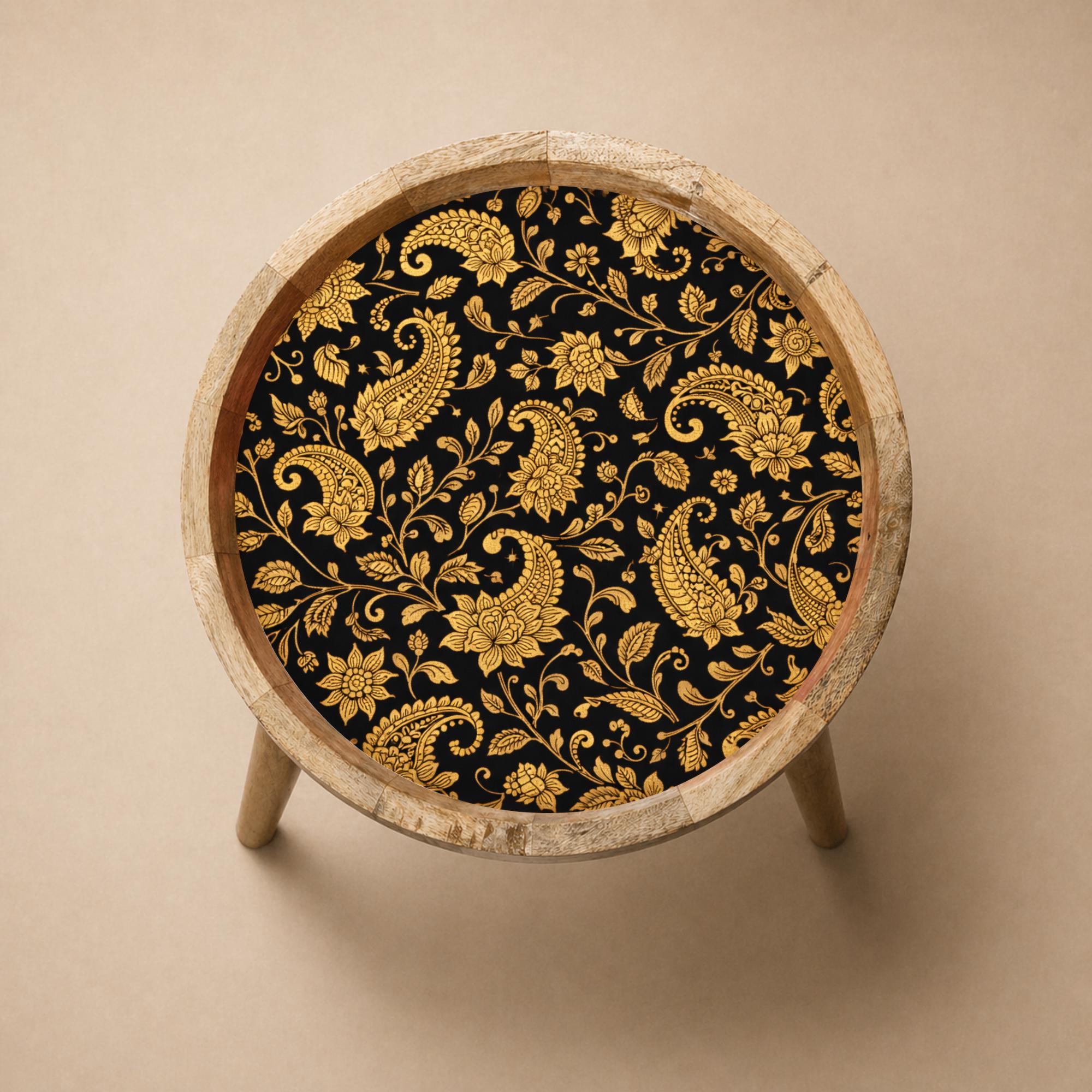 Handmade Mango Wood Side Table | Black Gold Floral Print Accent Table