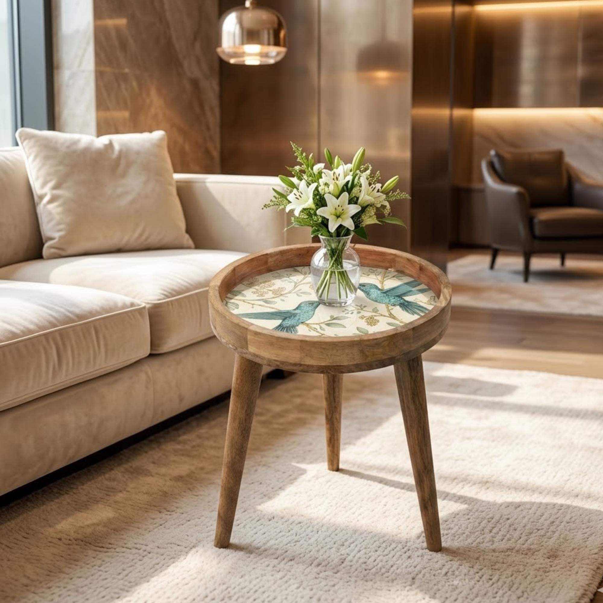 Botanical Bird Side Table | Handmade Mango Wood End Table | Round Accent Furniture