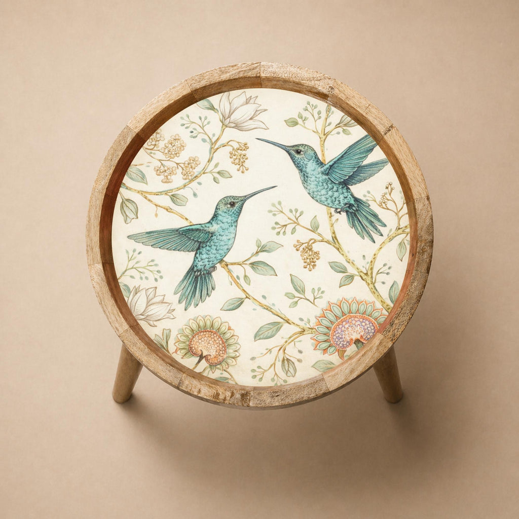 Botanical Bird Side Table | Handmade Mango Wood End Table | Round Accent Furniture