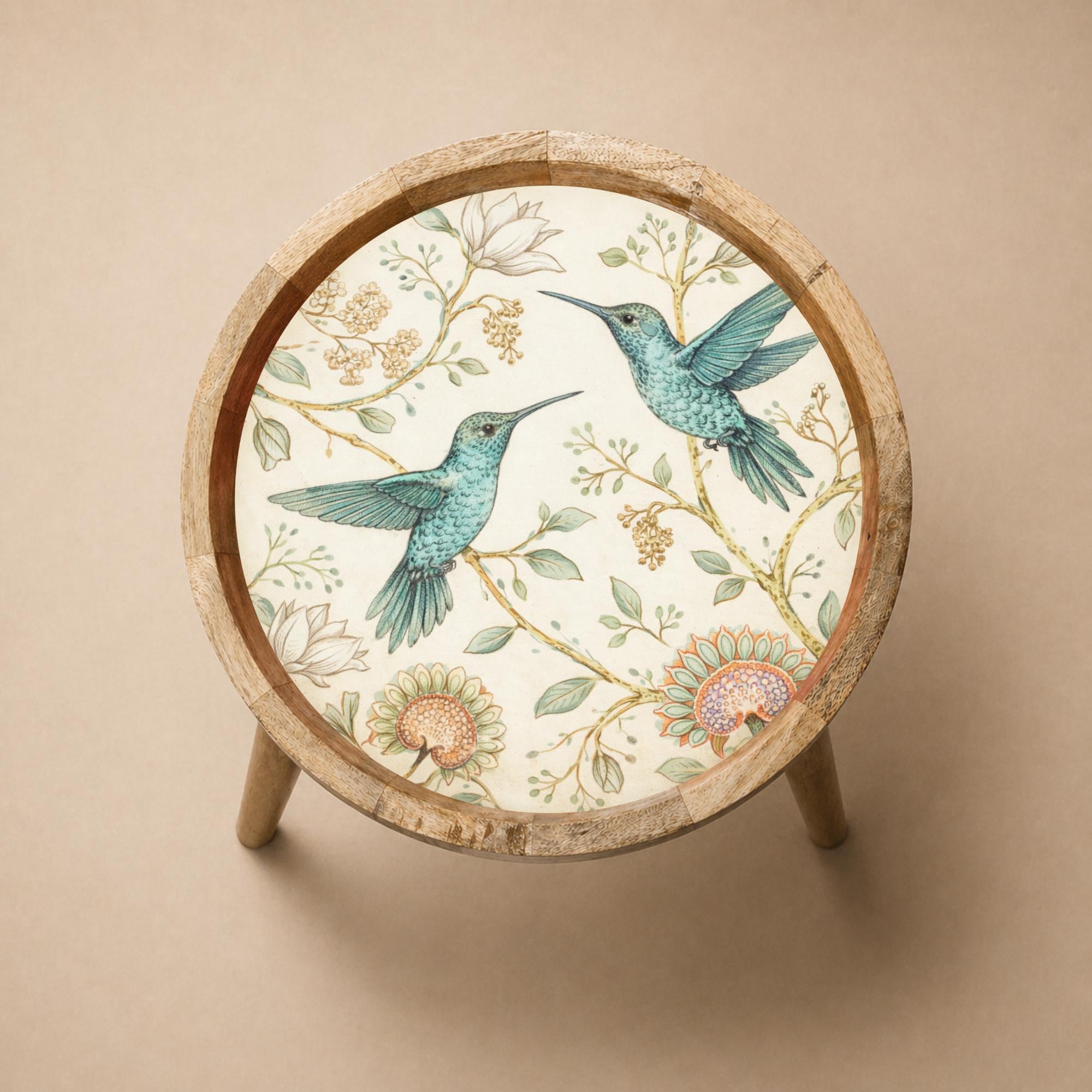 Botanical Bird Side Table | Handmade Mango Wood End Table | Round Accent Furniture