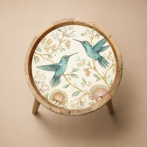 Botanical Bird Side Table | Handmade Mango Wood End Table | Round Accent Furniture
