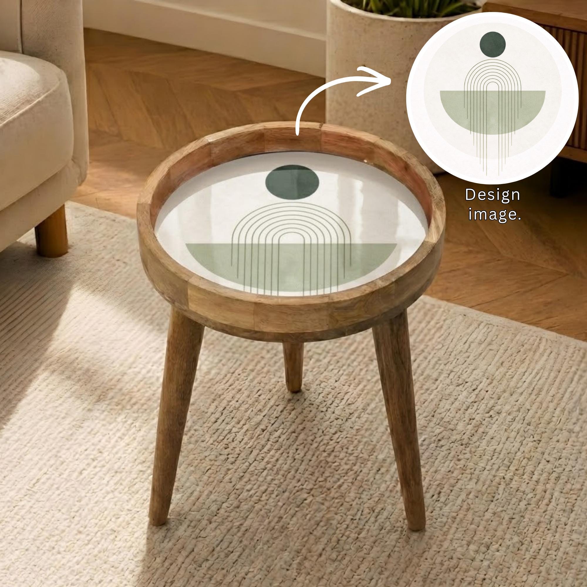 Handmade Mango Wood Side Table | Minimal Geometric Print Accent Table