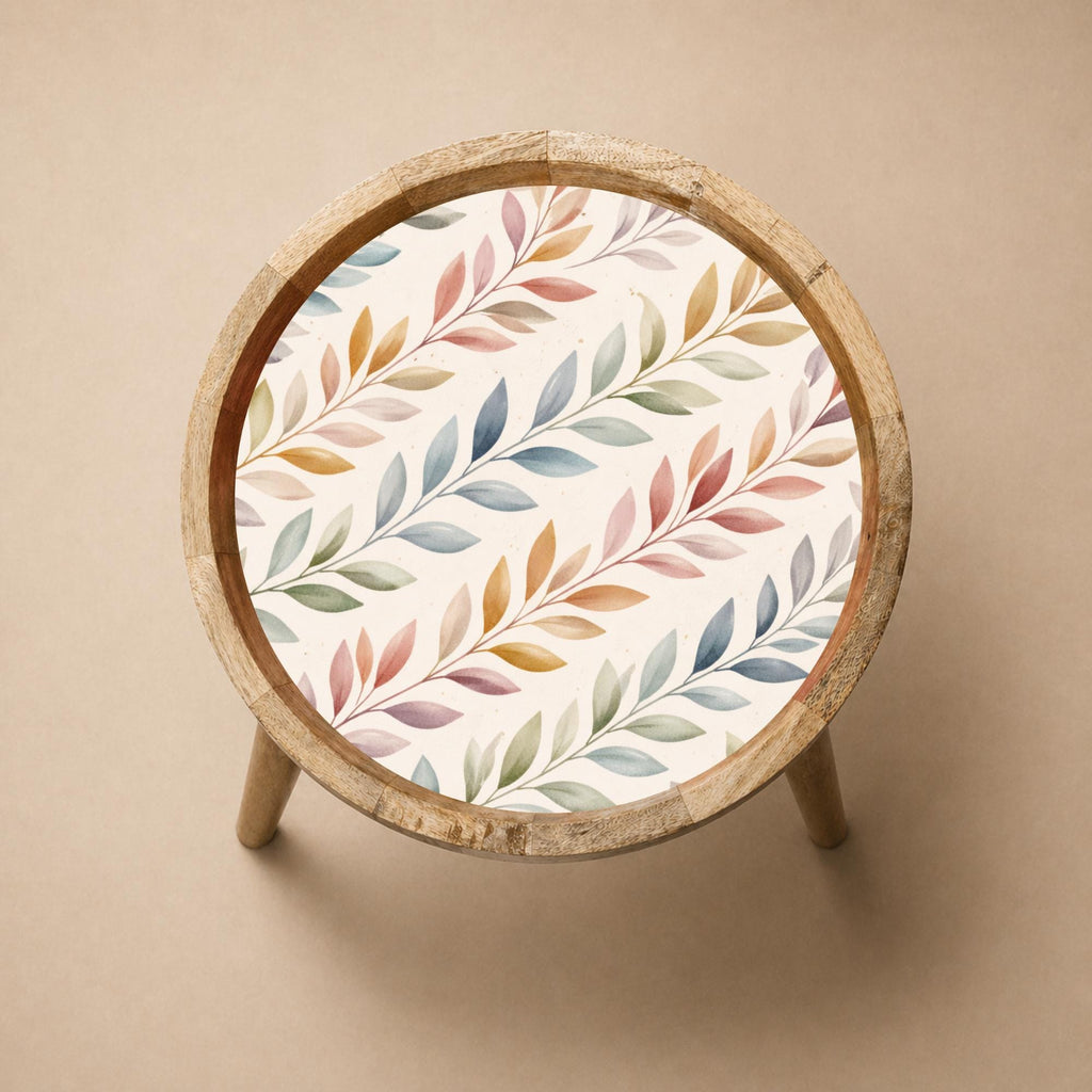 Handmade Mango Wood Side Table | Botanical Leaf Print Round Accent Boho Decor
