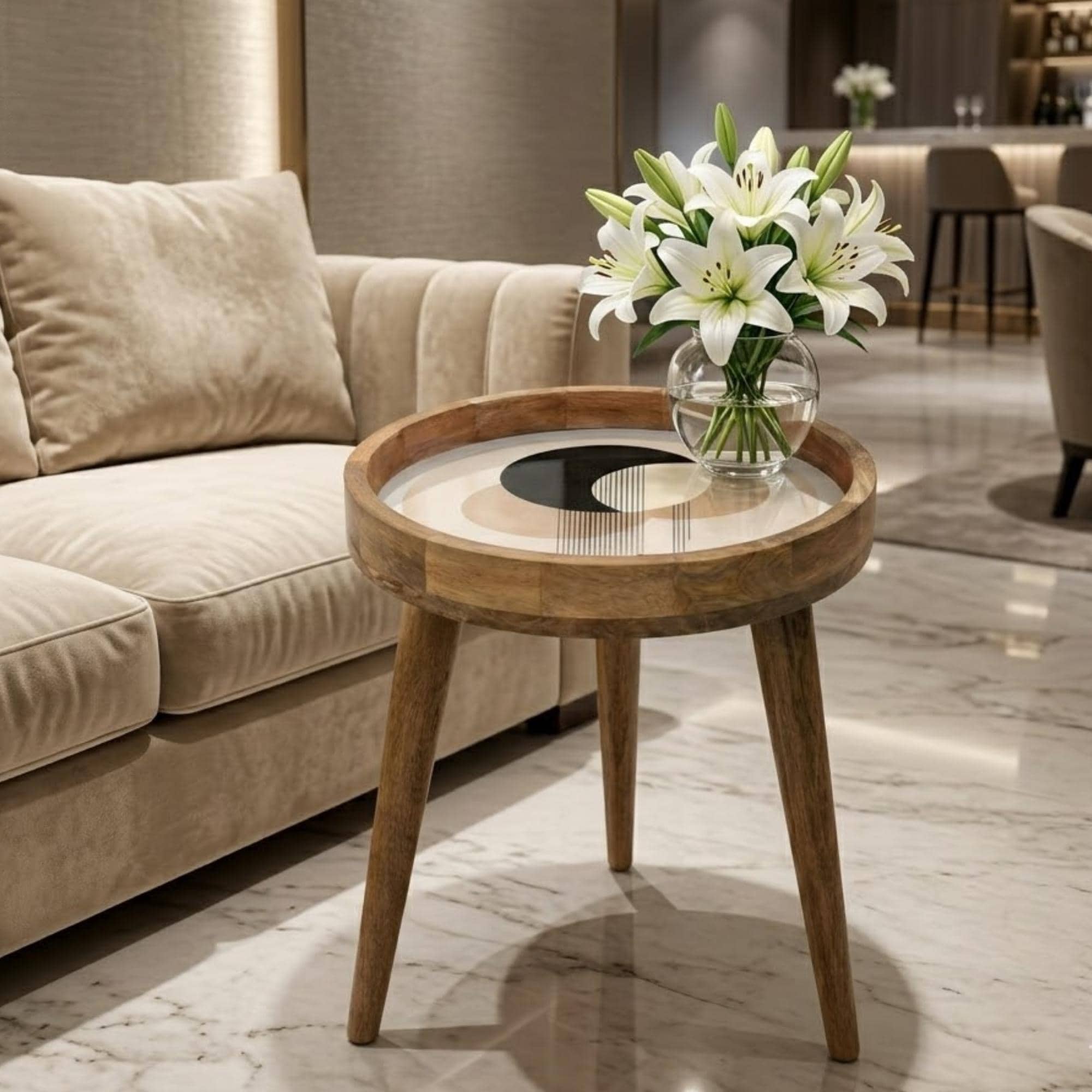 Handmade Mango Wood Side Table | Abstract Geometric Print, Modern Accent Furniture