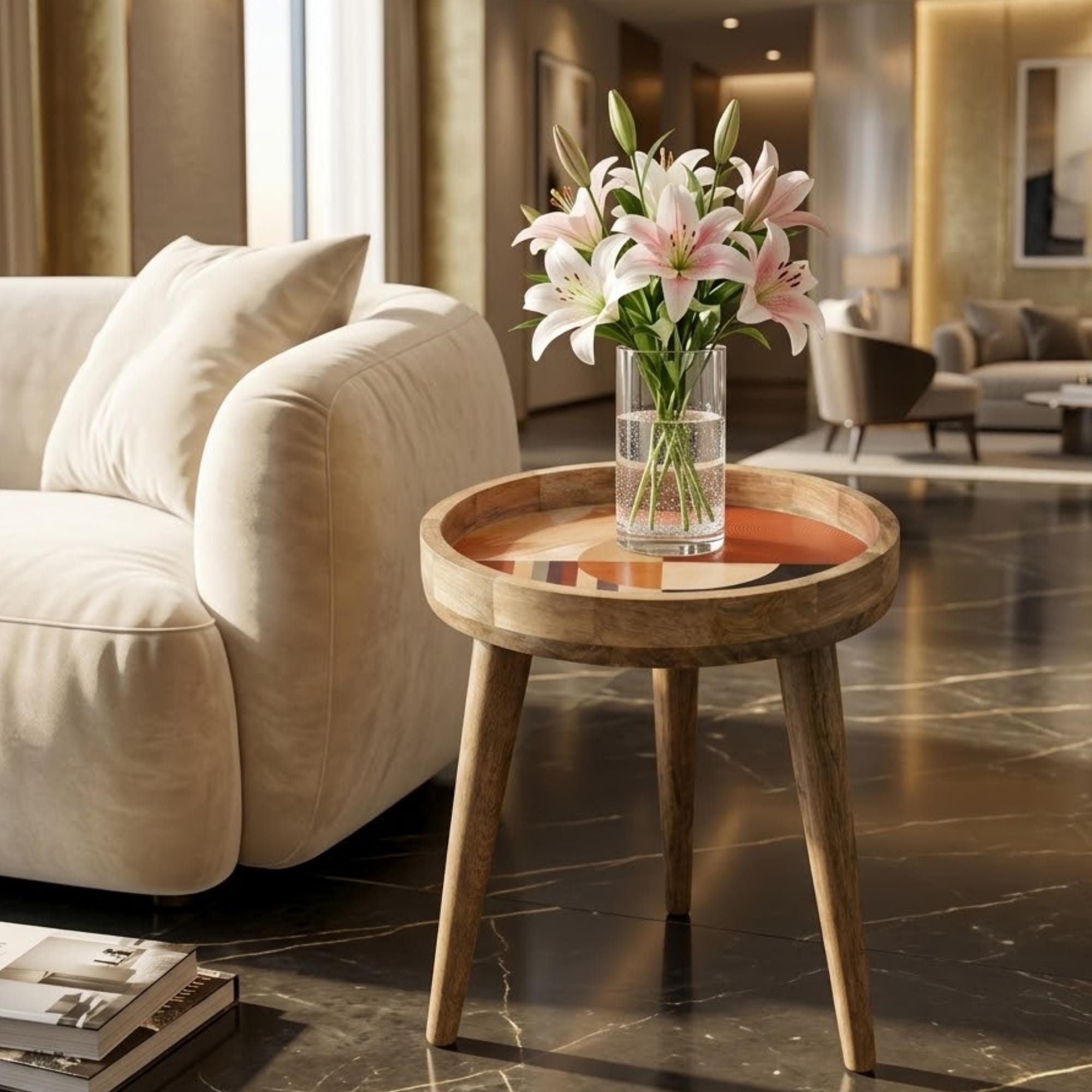 Handmade Mango Wood Side Table | Abstract Geometric Print, Round Accent Furniture