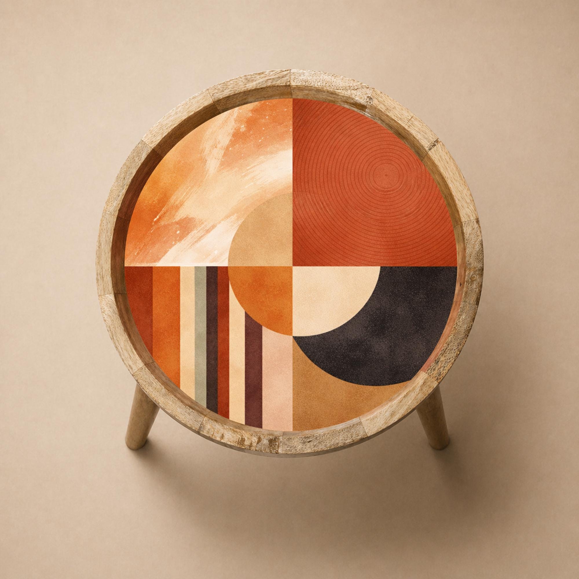 Handmade Mango Wood Side Table | Abstract Geometric Print, Round Accent Furniture