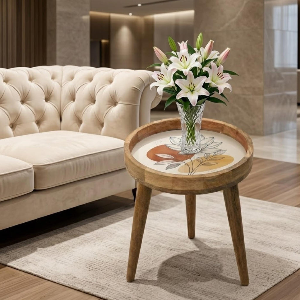 Handmade Mango Wood Side Table | Minimal Floral Print Round Accent Table