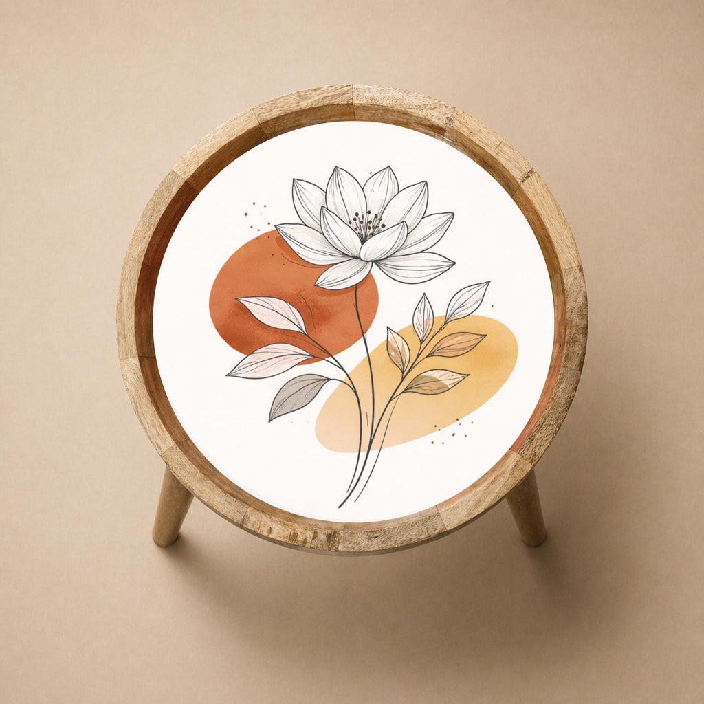 Handmade Mango Wood Side Table | Minimal Floral Print Round Accent Table