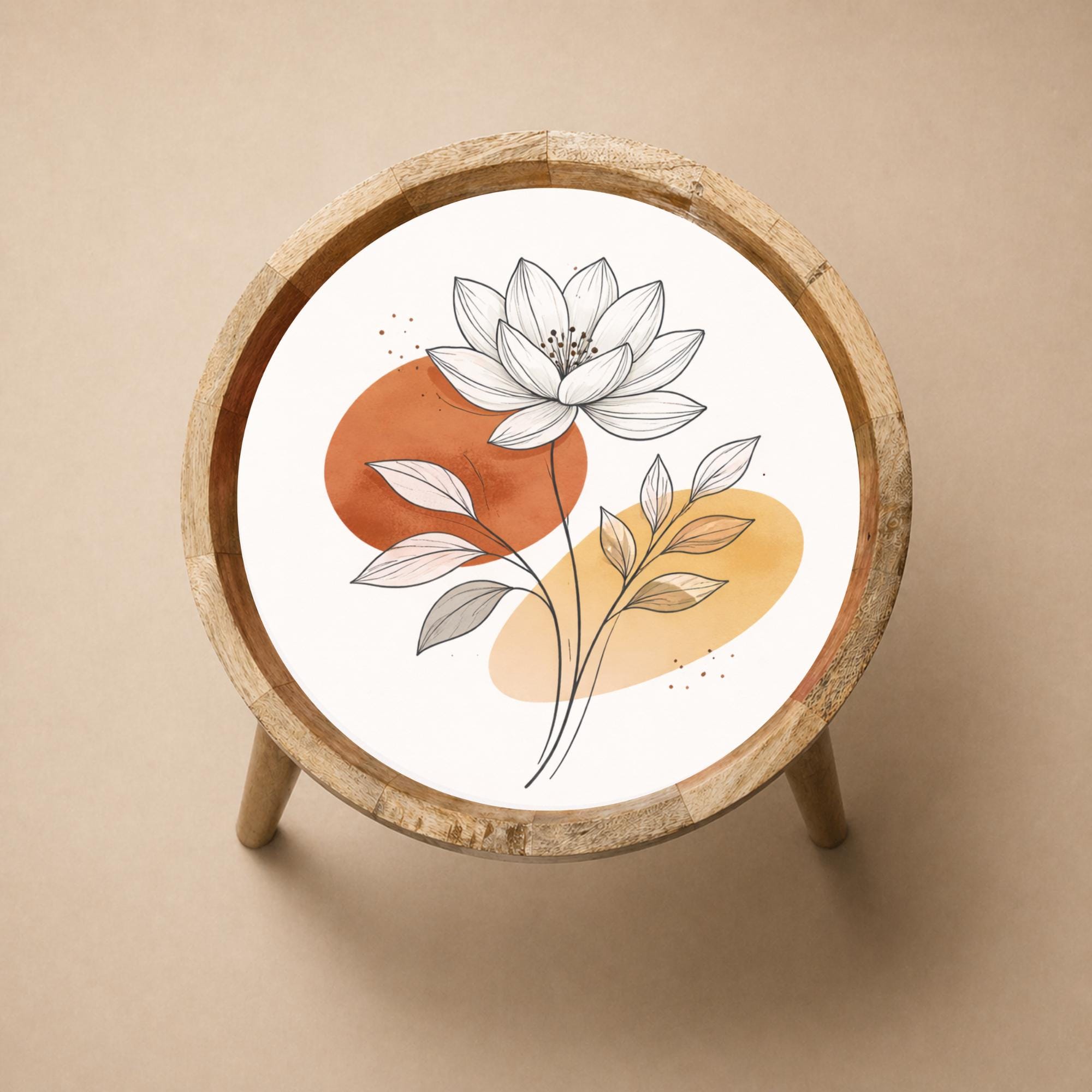 Handmade Mango Wood Side Table | Minimal Floral Print Round Accent Table