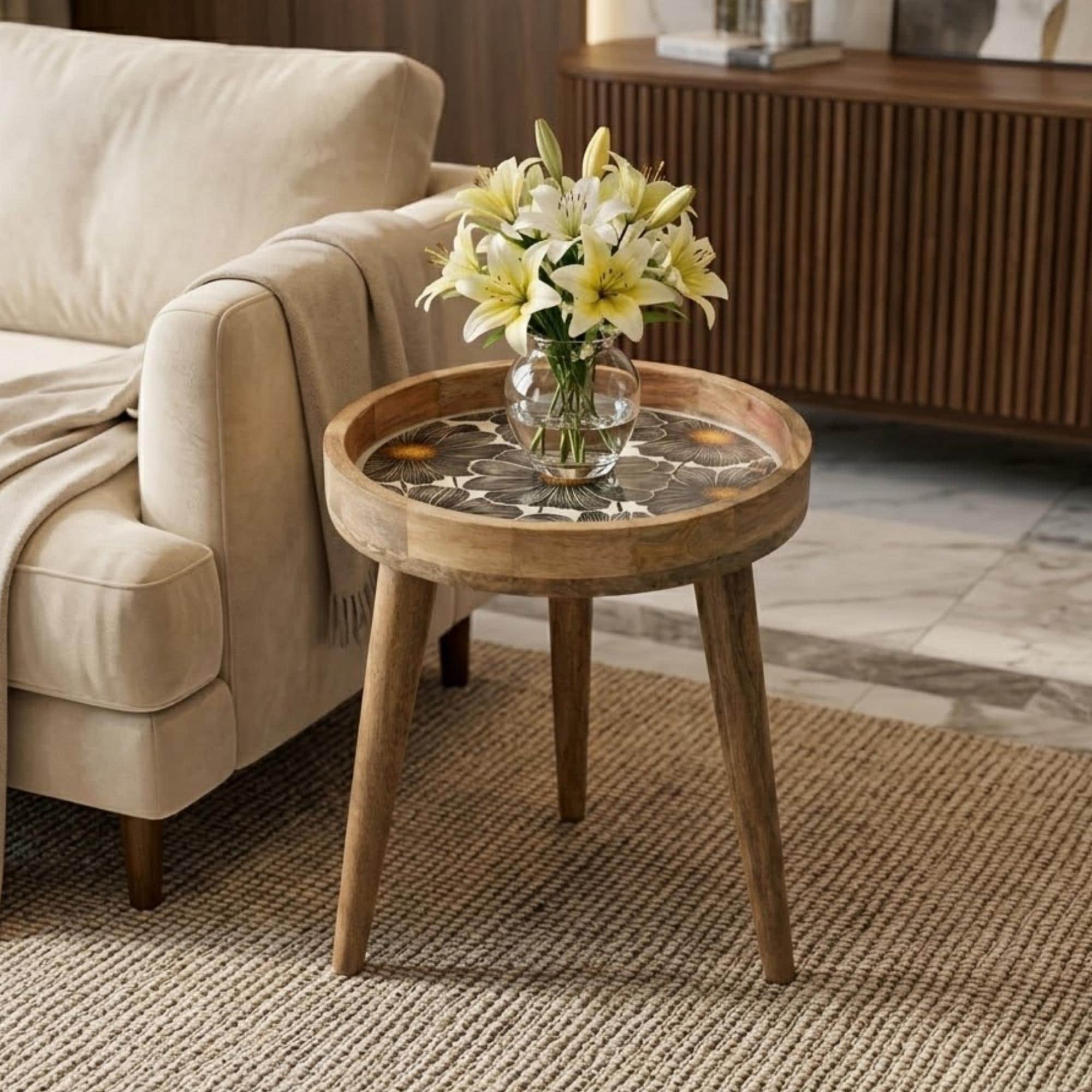 Handmade Mango Wood Side Table | Black Floral Print Accent Table