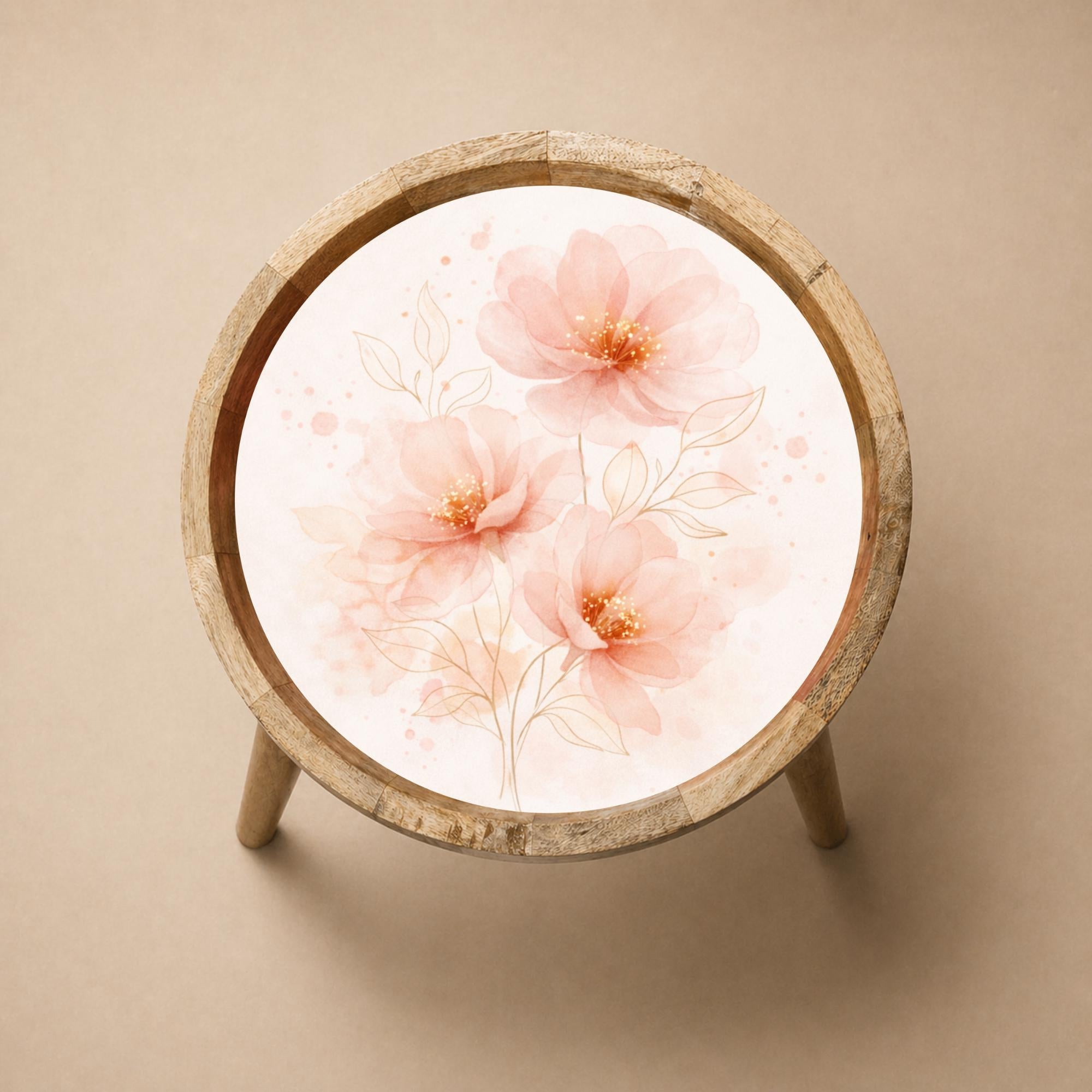Handmade Mango Wood Side Table | Peach Floral Print Accent Table