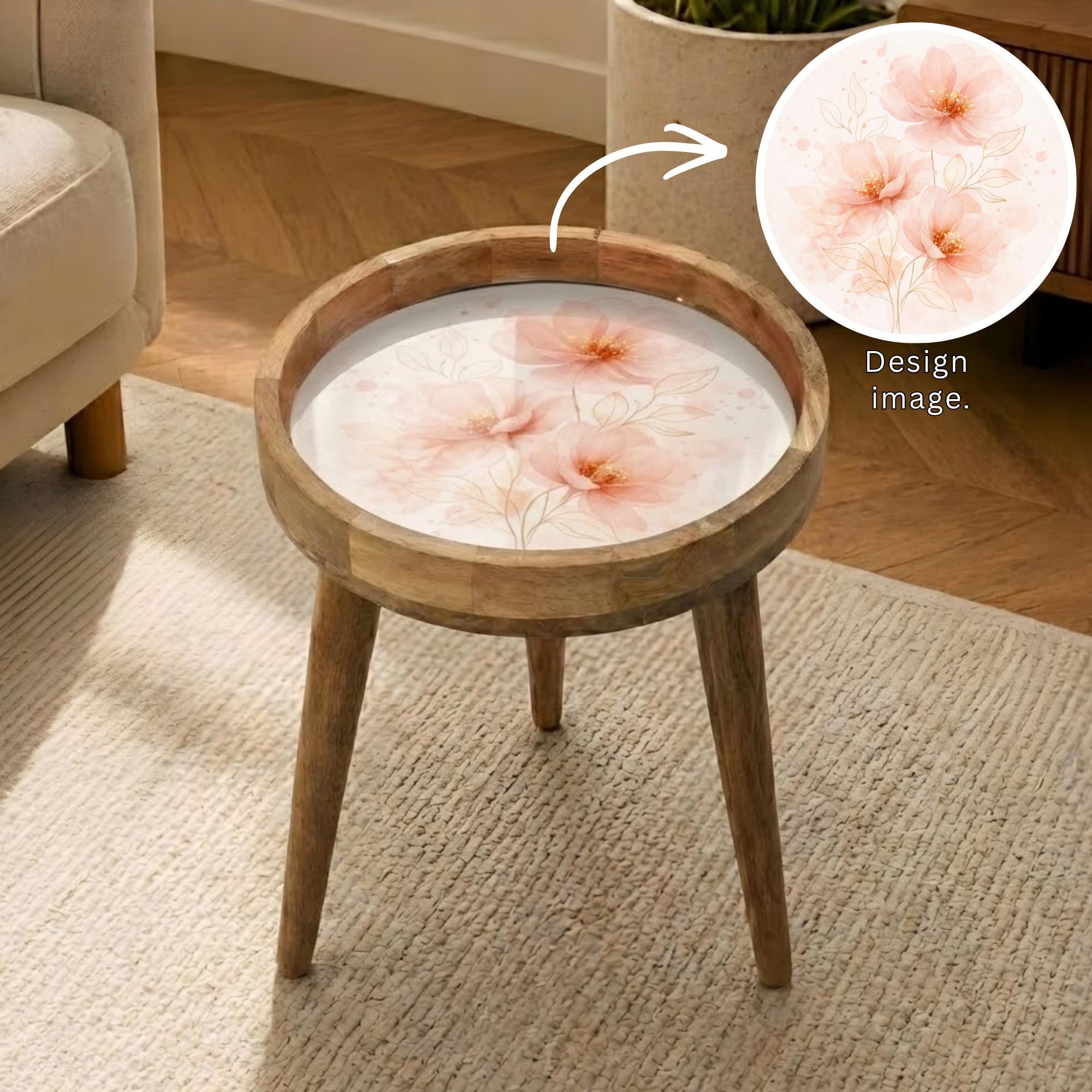 Handmade Mango Wood Side Table | Peach Floral Print Accent Table