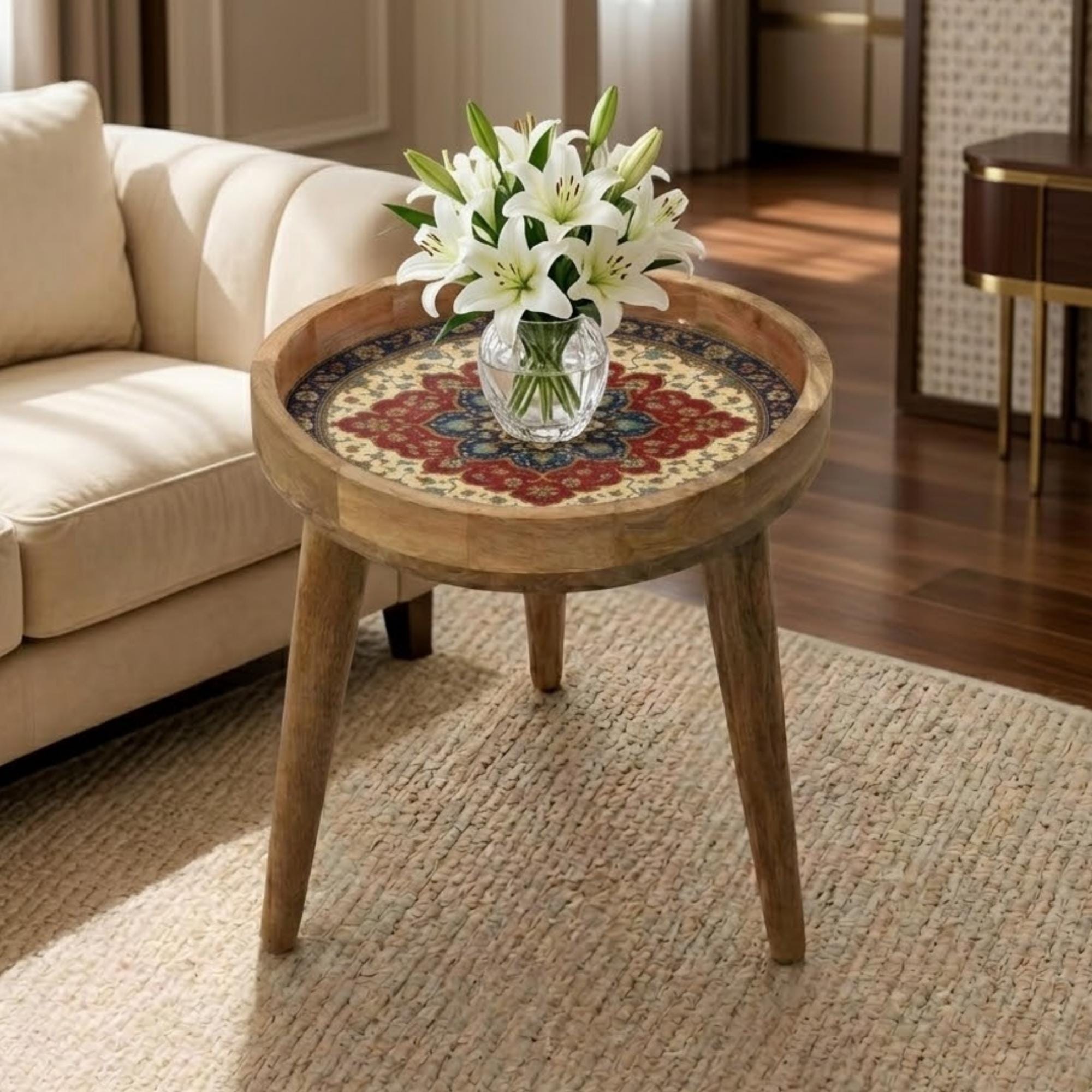 Handmade Mango Wood Side Table | Persian Mandala Print Accent Round Boho Decor