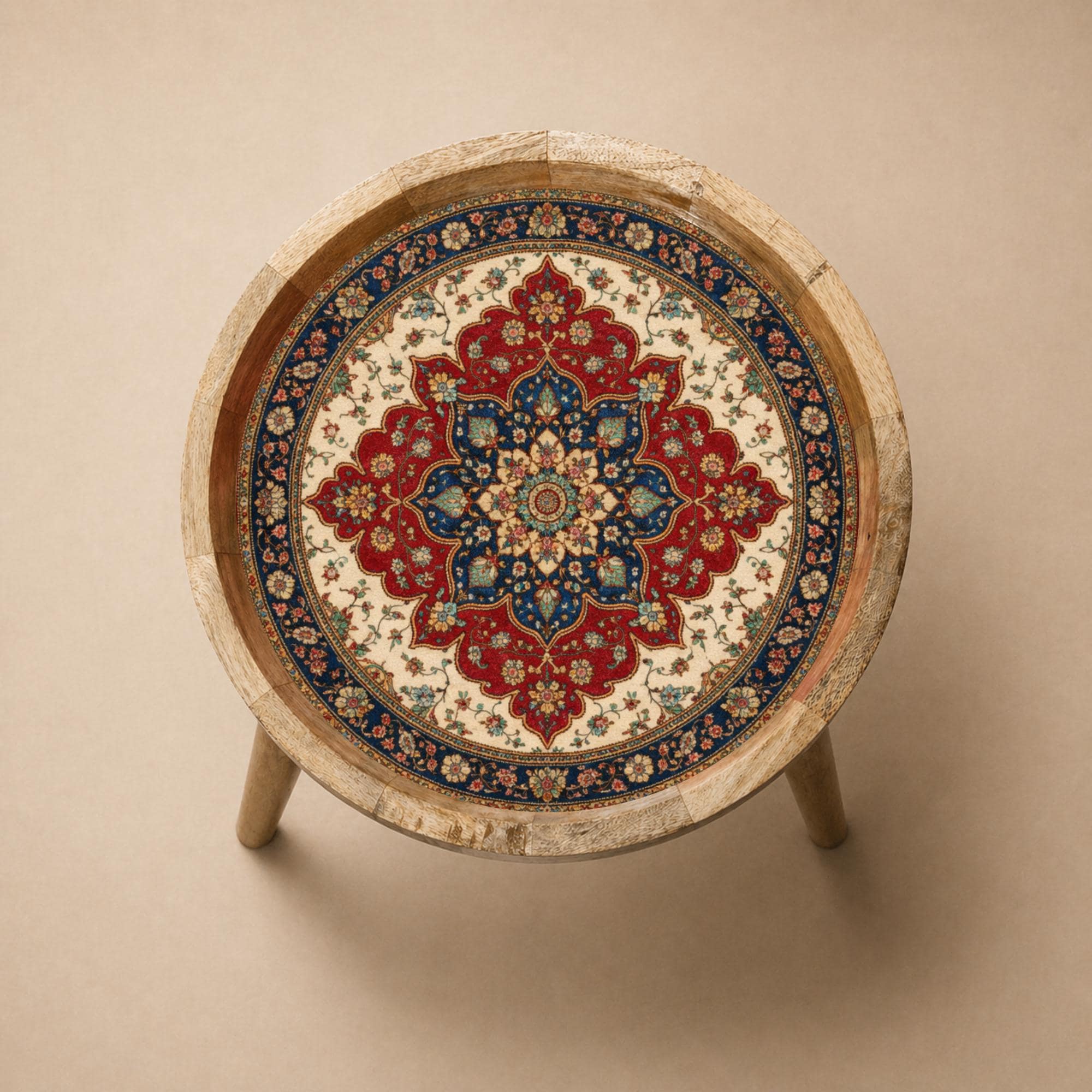 Handmade Mango Wood Side Table | Persian Mandala Print Accent Round Boho Decor