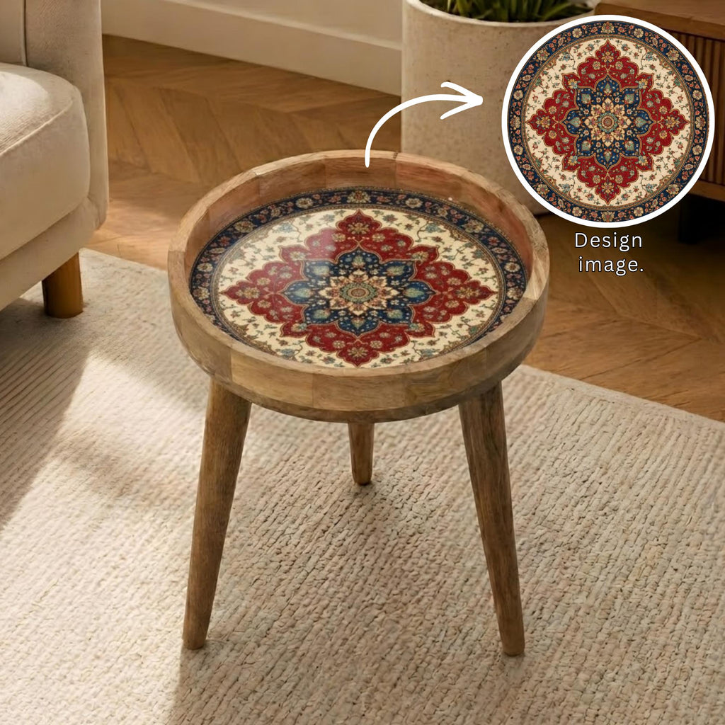 Handmade Mango Wood Side Table | Persian Mandala Print Accent Round Boho Decor