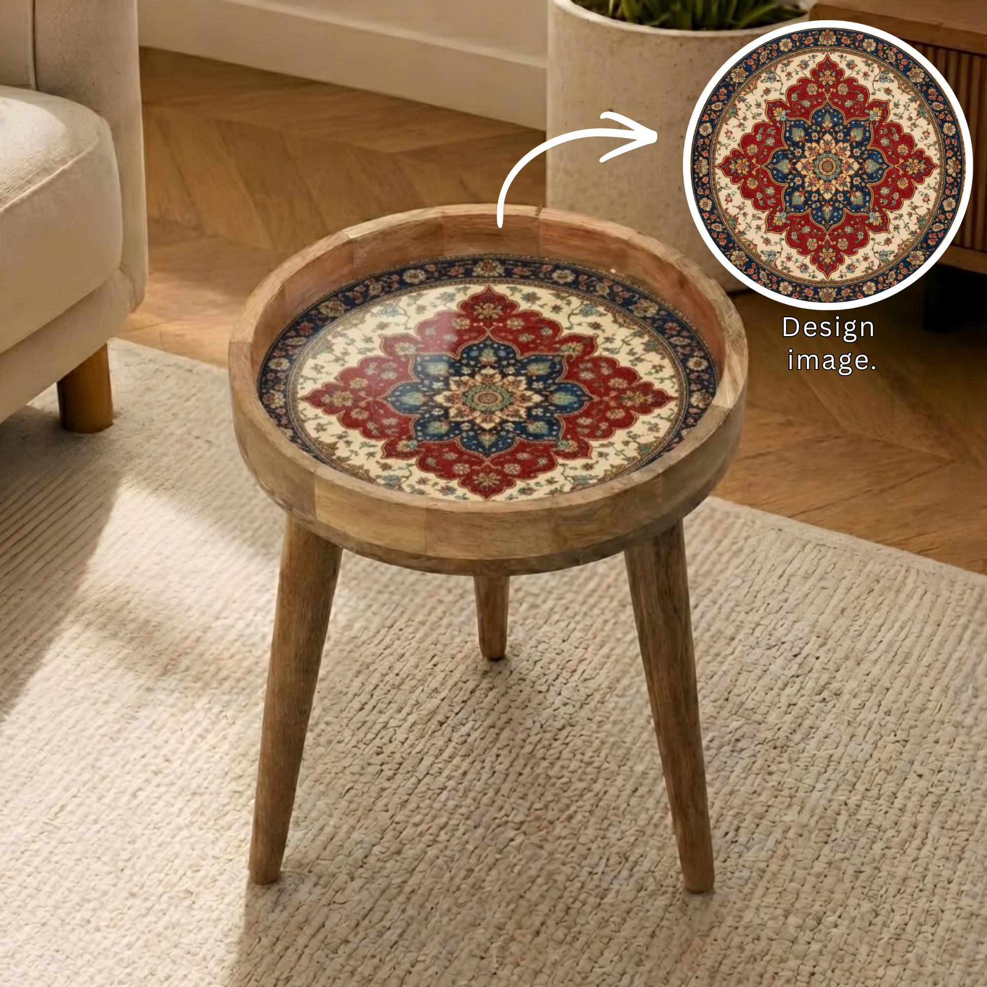 Handmade Mango Wood Side Table | Persian Mandala Print Accent Round Boho Decor