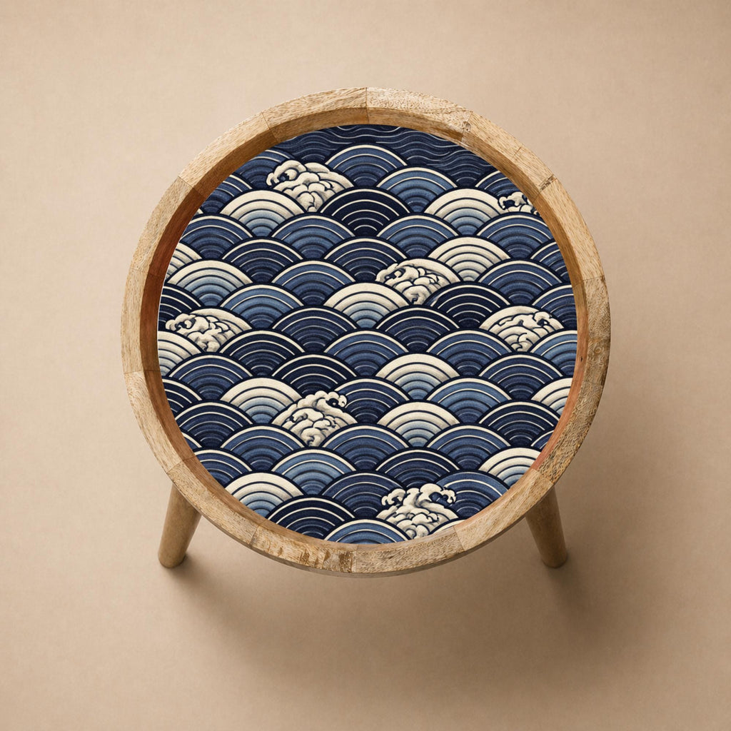 Handmade Mango Wood Side Table | Japanese Wave Print Accent Table