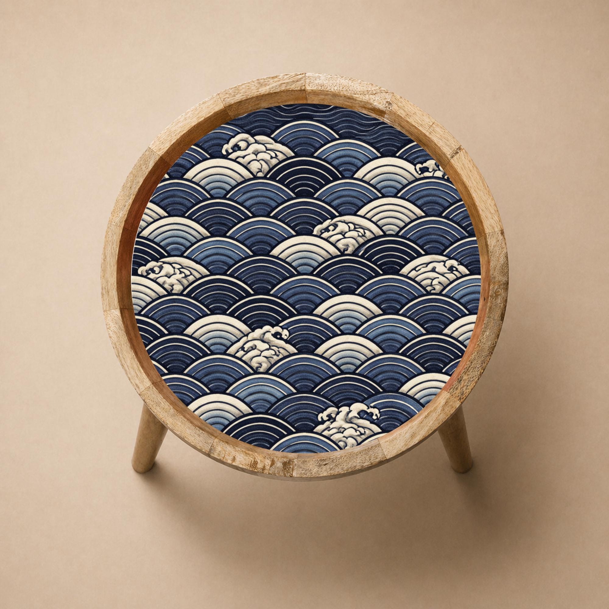 Handmade Mango Wood Side Table | Japanese Wave Print Accent Table