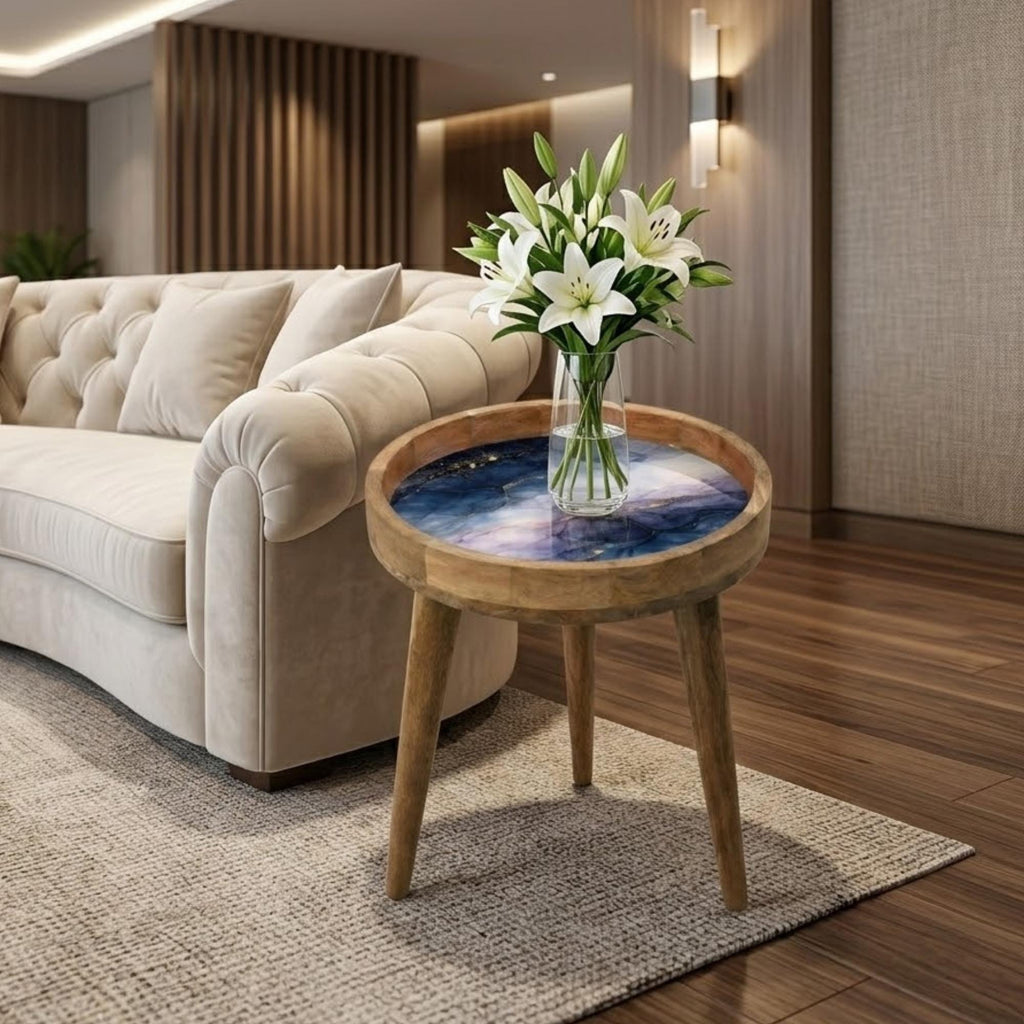 Handmade Mango Wood Side Table | Blue Marble Print Round Accent Table