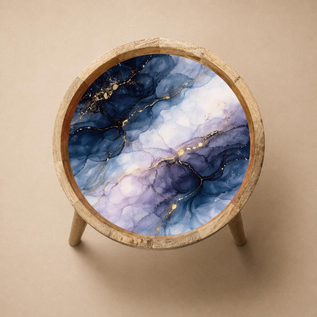 Handmade Mango Wood Side Table | Blue Marble Print Round Accent Table