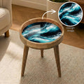 Handmade Mango Wood Side Table | Ocean Wave Printed Round Accent Table