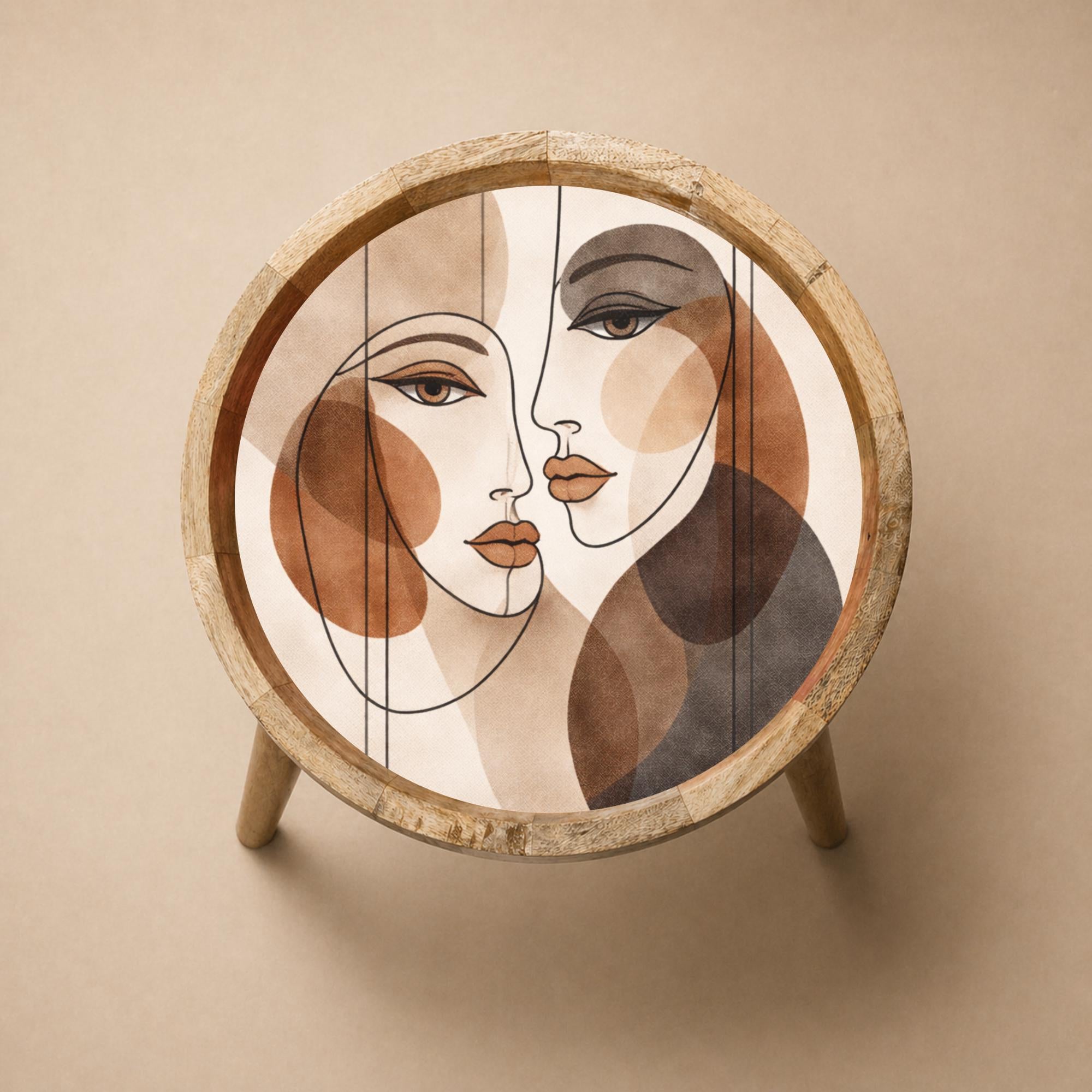 Handmade Mango Wood Side Table | Abstract Face Print Round Accent Table