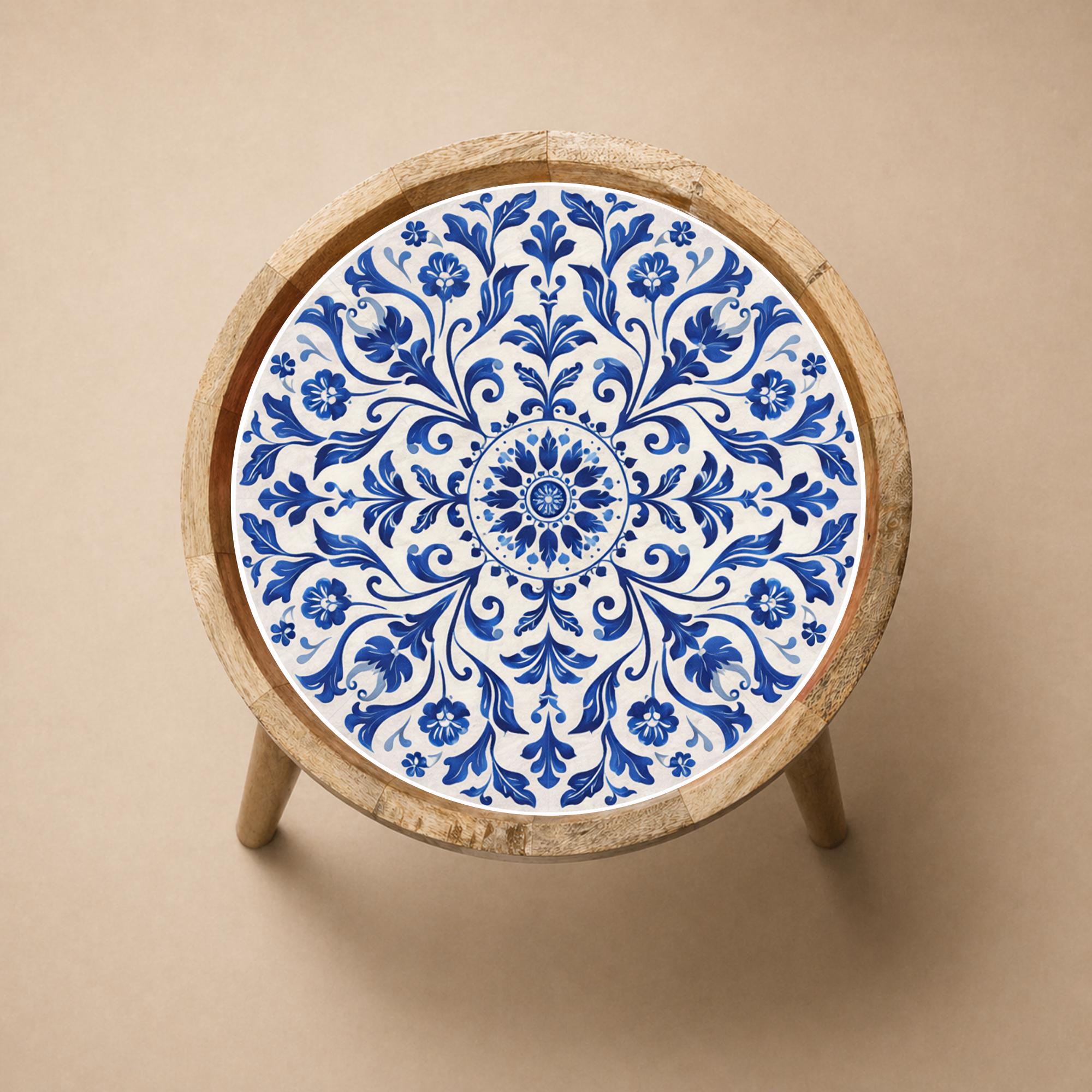Handmade Mango Wood Side Table | Blue Tile Printed Round Accent Table