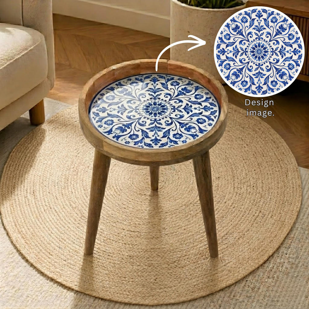 Handmade Mango Wood Side Table | Blue Tile Printed Round Accent Table