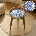 Handmade Mango Wood Side Table | Blue Tile Printed Round Accent Table
