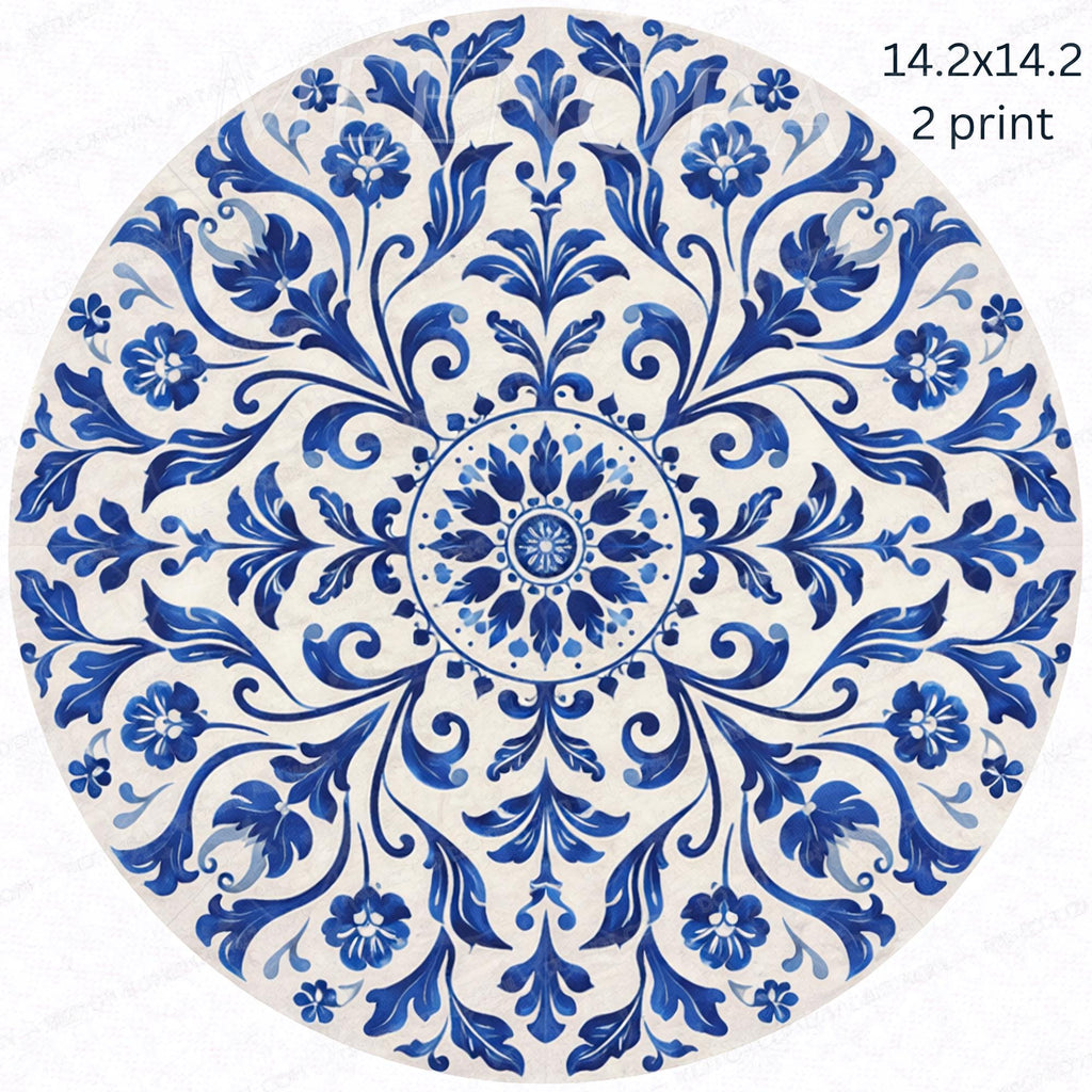 Handmade Mango Wood Side Table | Blue Tile Printed Round Accent Table