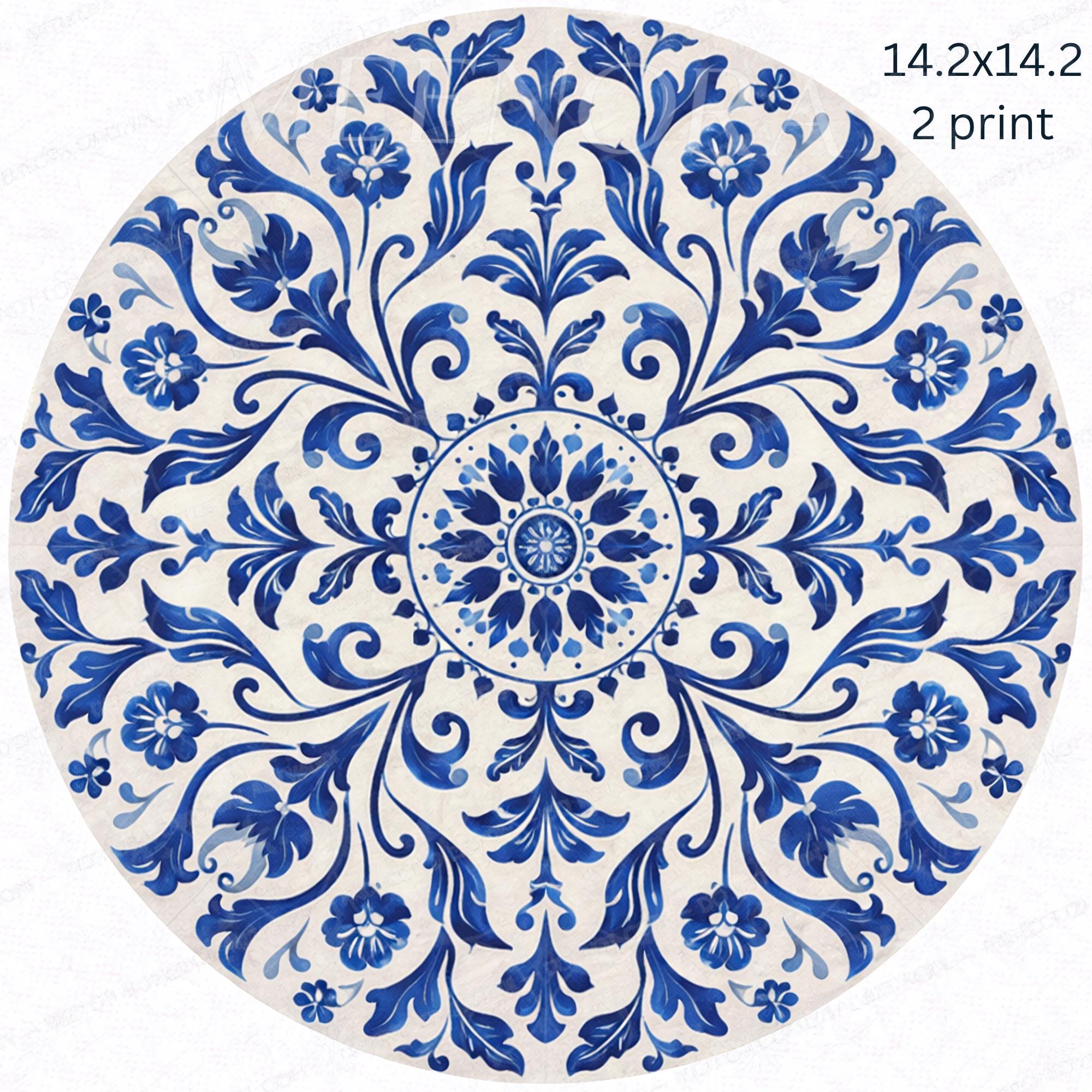 Handmade Mango Wood Side Table | Blue Tile Printed Round Accent Table