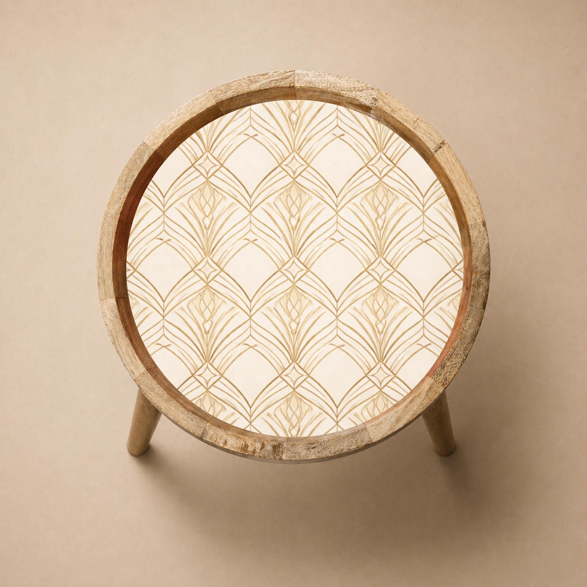 Handmade Mango Wood Side Table | Art Deco Geometric Print Round Accent Table