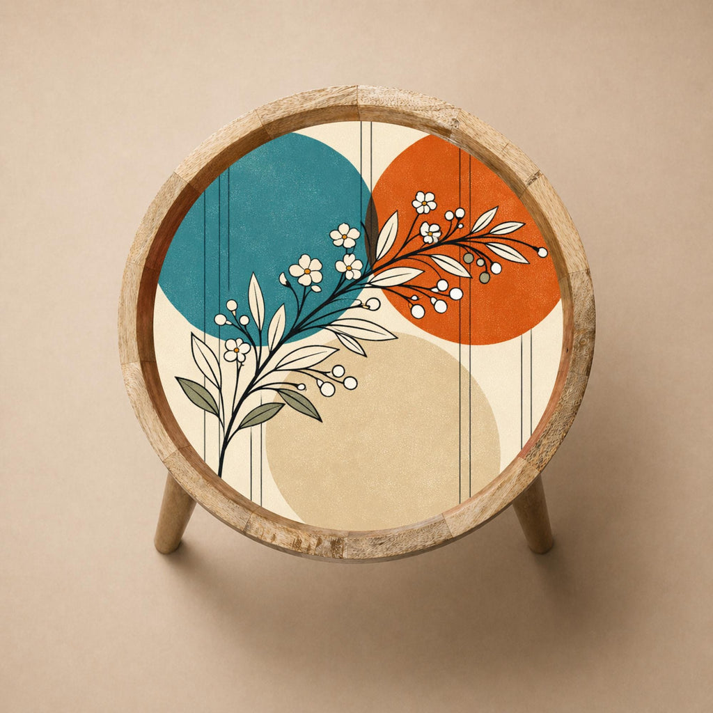 Handmade Mango Wood Side Table | Modern Botanical Floral Print, Round Accent Table