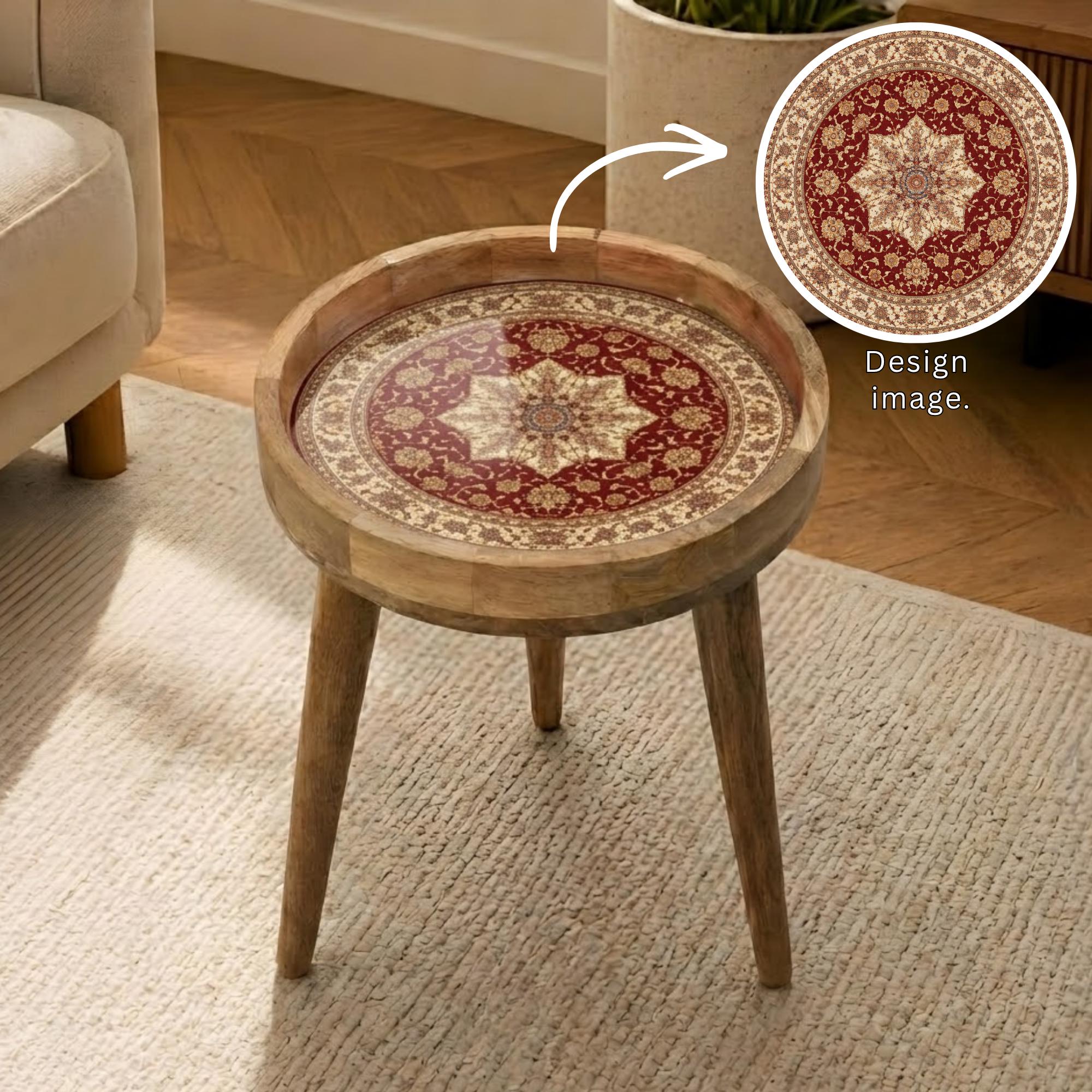 Handmade Mango Wood Side Table | Persian Mandala Print Boho Accent Table