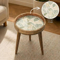 Handmade Mango Wood Side Table | Botanical Leaf Print Round Accent Table