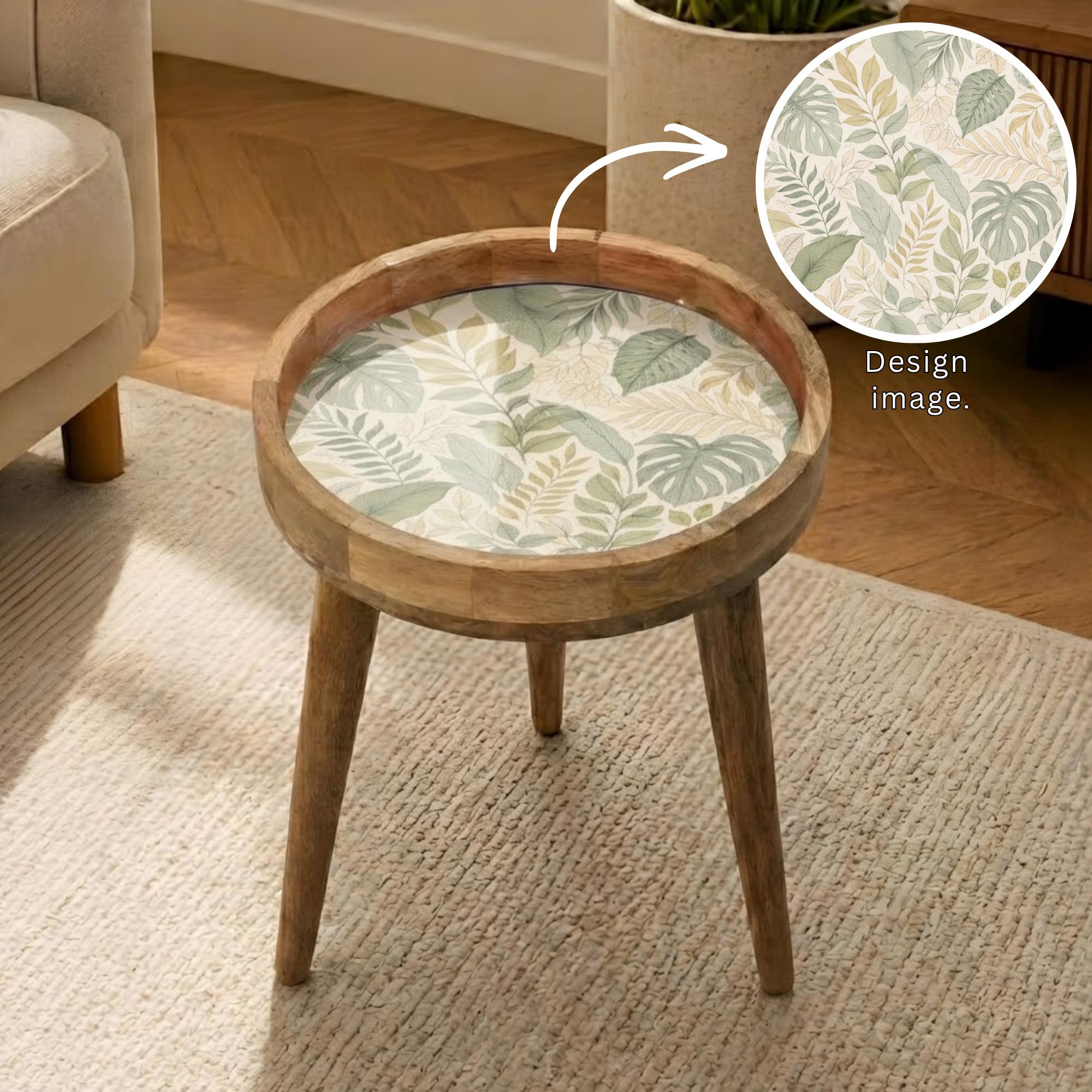 Handmade Mango Wood Side Table | Botanical Leaf Print Round Accent Table