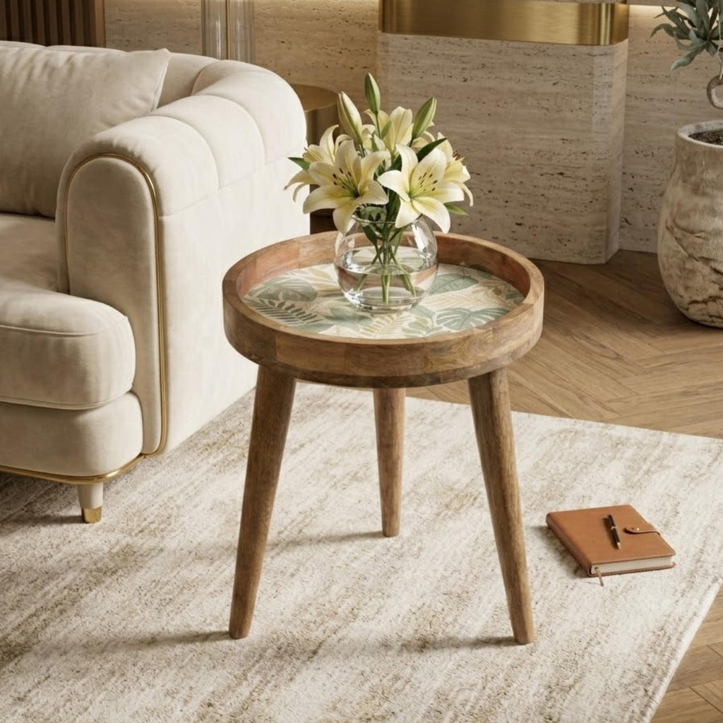 Handmade Mango Wood Side Table | Botanical Leaf Print Round Accent Table
