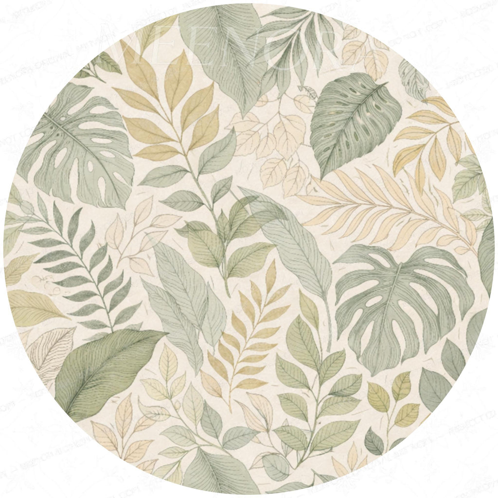 Handmade Mango Wood Side Table | Botanical Leaf Print Round Accent Table