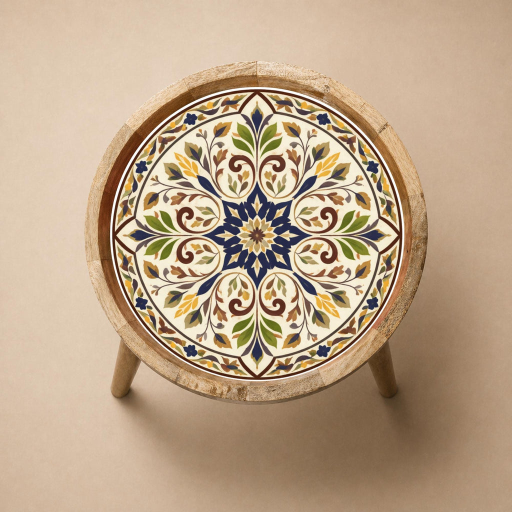 Handmade Mango Wood Side Table | Vintage Tile Print Round Accent Table