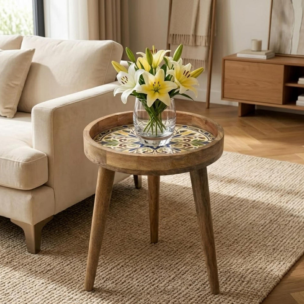 Handmade Mango Wood Side Table | Vintage Tile Print Round Accent Table