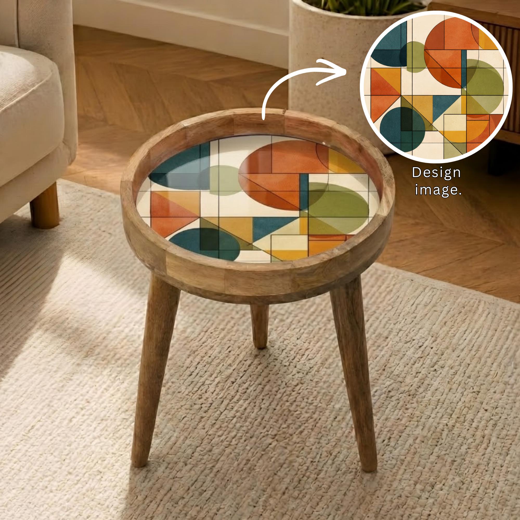 Geometric Mango Wood Side Table | Mid Century Abstract Round Accent Table