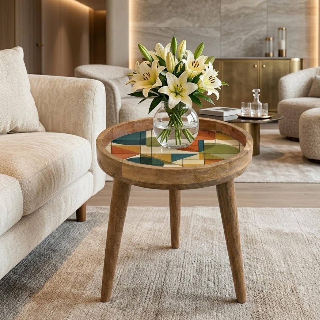Geometric Mango Wood Side Table | Mid Century Abstract Round Accent Table