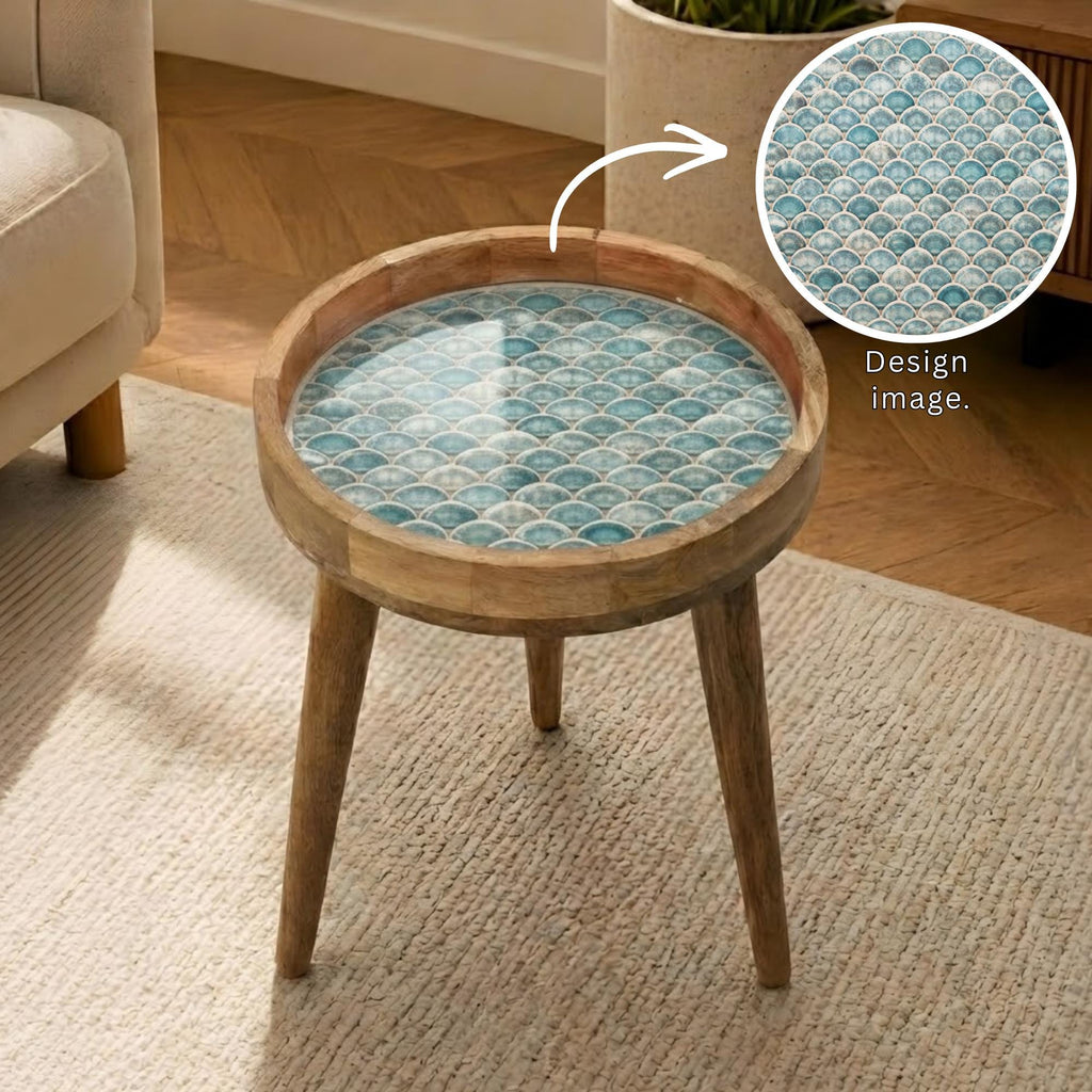 Printed Mango Wood Side Table | Boho Round Accent Table | Handmade Bedside Decor