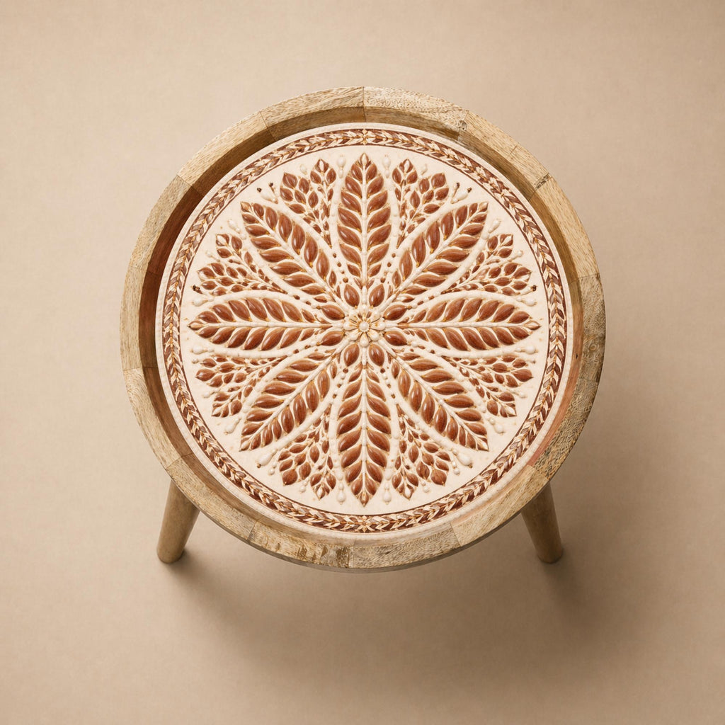 Handmade Mango Wood Side Table | Round Boho Accent Table, 18" Height