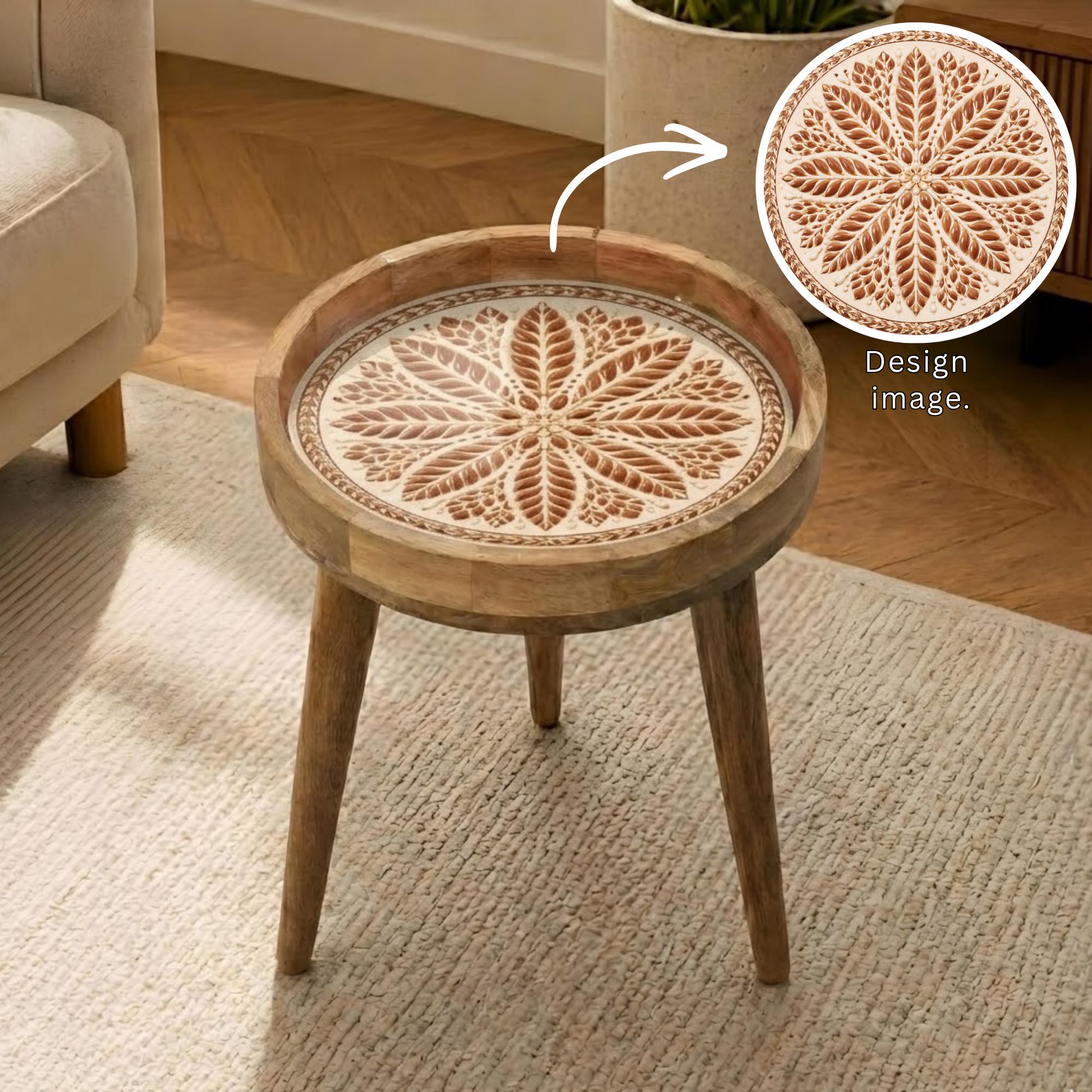 Handmade Mango Wood Side Table | Round Boho Accent Table, 18" Height