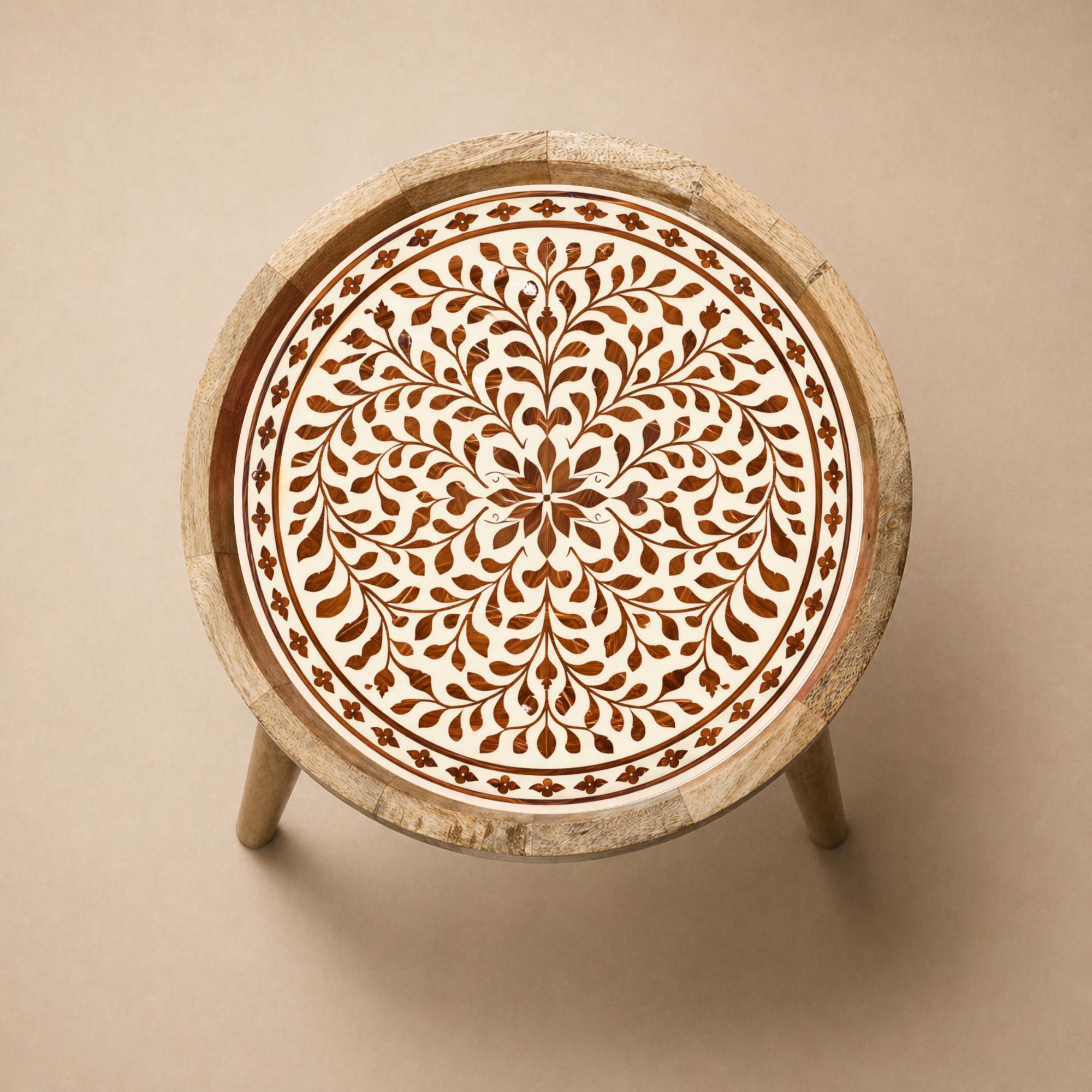 Handmade Mango Wood Side Table | Round Boho Accent Table with Printed Design