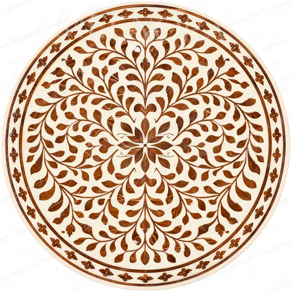 Handmade Mango Wood Side Table | Round Boho Accent Table with Printed Design