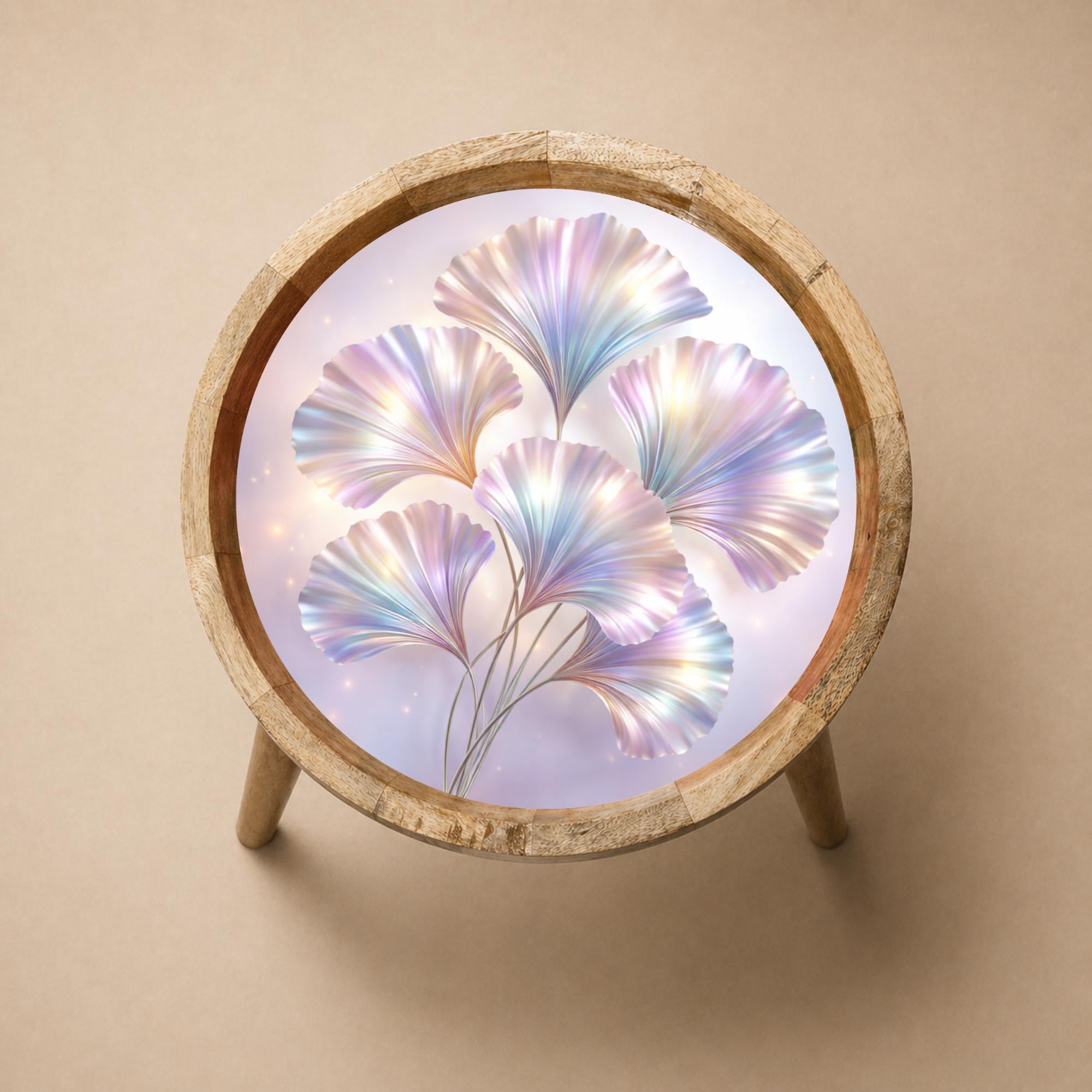 Mango Wood Round Side Table | Holographic Floral Print, Glass Top Nightstand